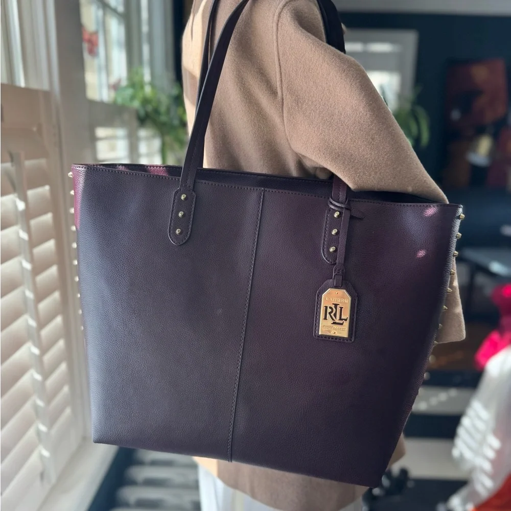 Brownish/maroon Ralph Lauren Cowhide Leather Studded Tote Bag - Picture 3 of 13